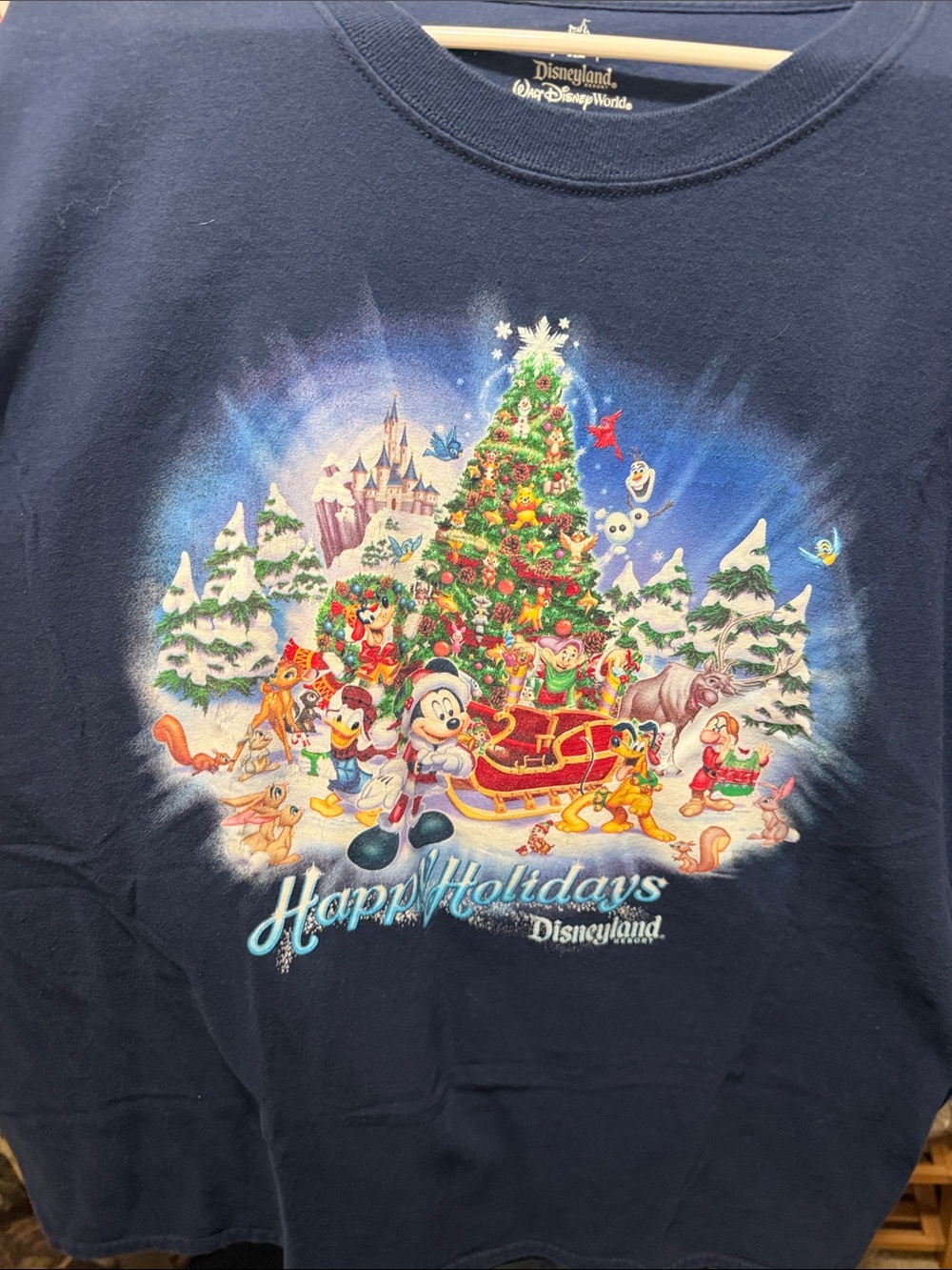 Disney Navy Blue Short Sleeve Holiday Shirt with Festive Mickey Tree Scene